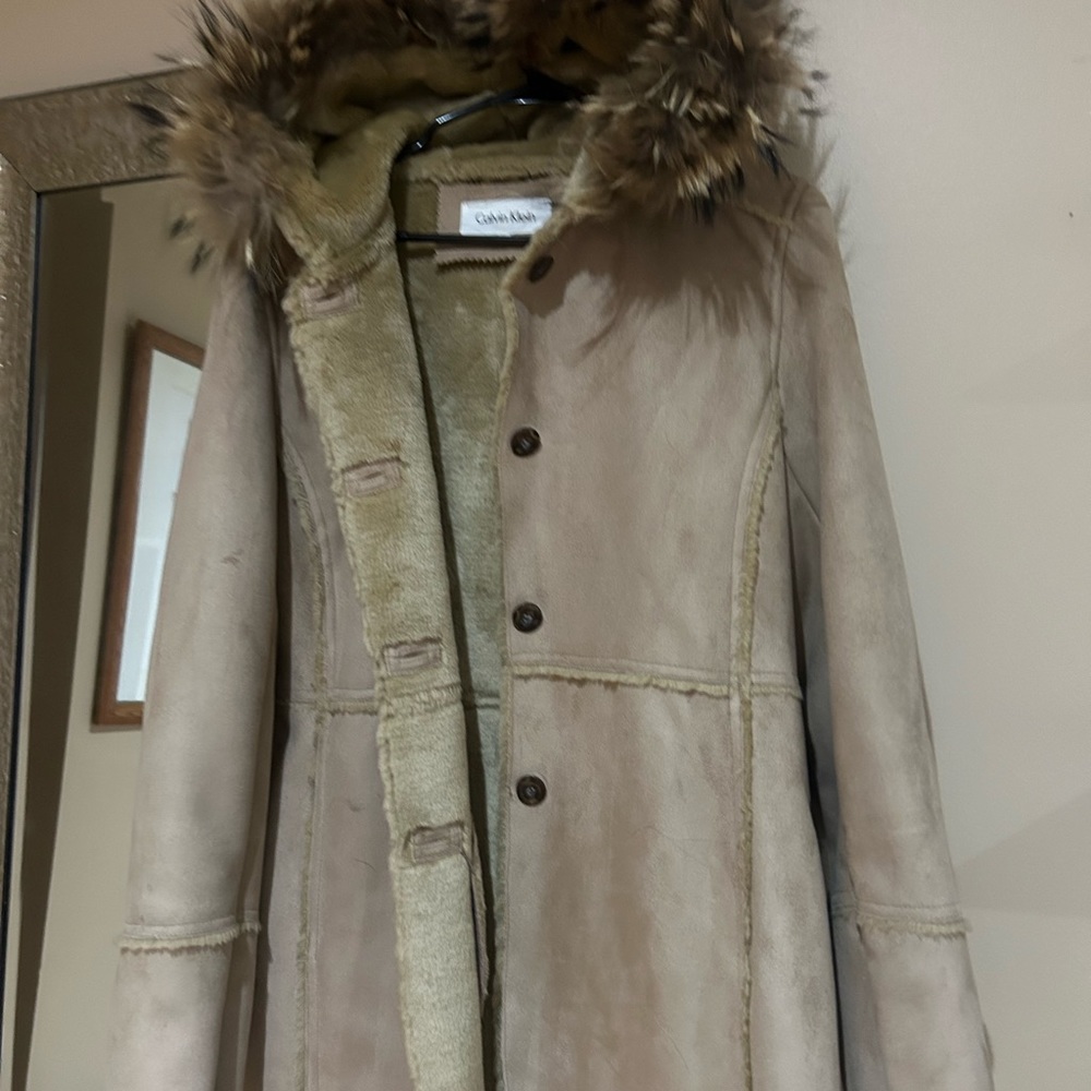Beige Calvin Klein coat. Faux sheerling